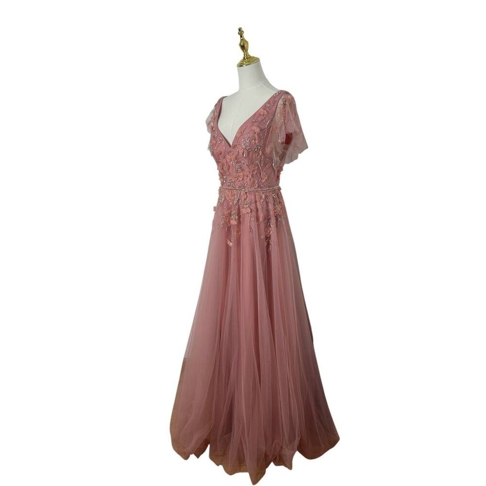 Mac Duggal 11224 Embellished Tulle Salmon Cap Sleeve Gown Size 10 $698 - Picture 6 of 7